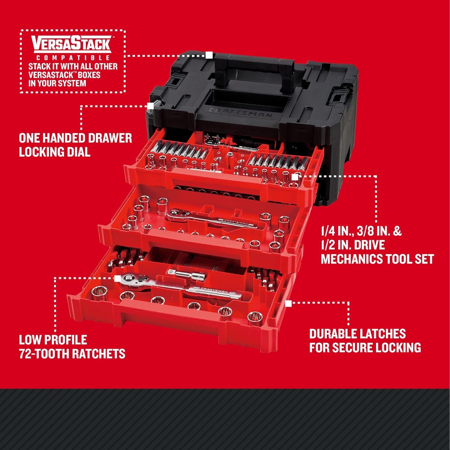 VERSASTACK mechanics tool set, 1/4 in, 3/8 in, and 1/2 in drive, 230 piece (CMMT45306)